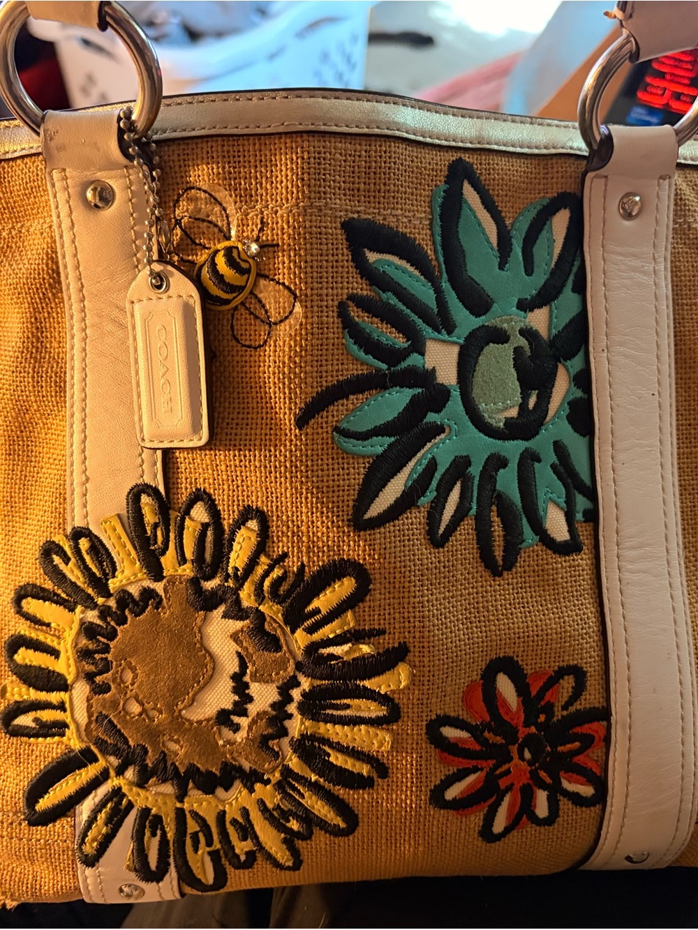 Coach Beige Canvas Tote with Teal and Black Floral Appliqués